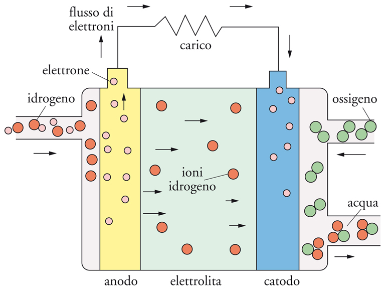 Meccanismo di funzionamento di una cella a combustibile. (FONTE: Treccani)